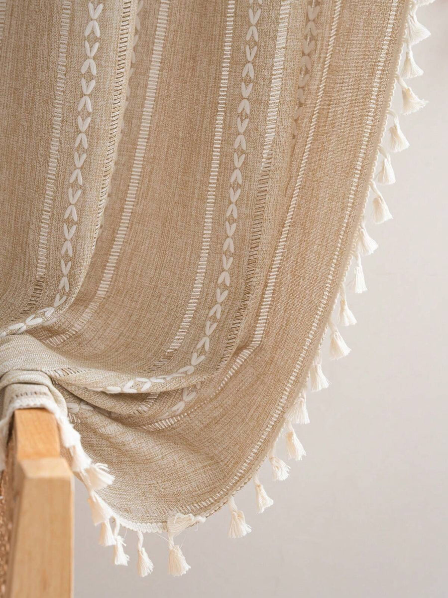 Tokoto 1pc Simple Line Embroidery Hollow Out Blackout Curtain, Rustic Vintage Style With Beige Tassels Home Decor Privacy Door Curtain, Boho Curtain Suitable For Bedroom, Living Room, Kitchen, Dining Room, Hotel, Holiday Decoration, All Season