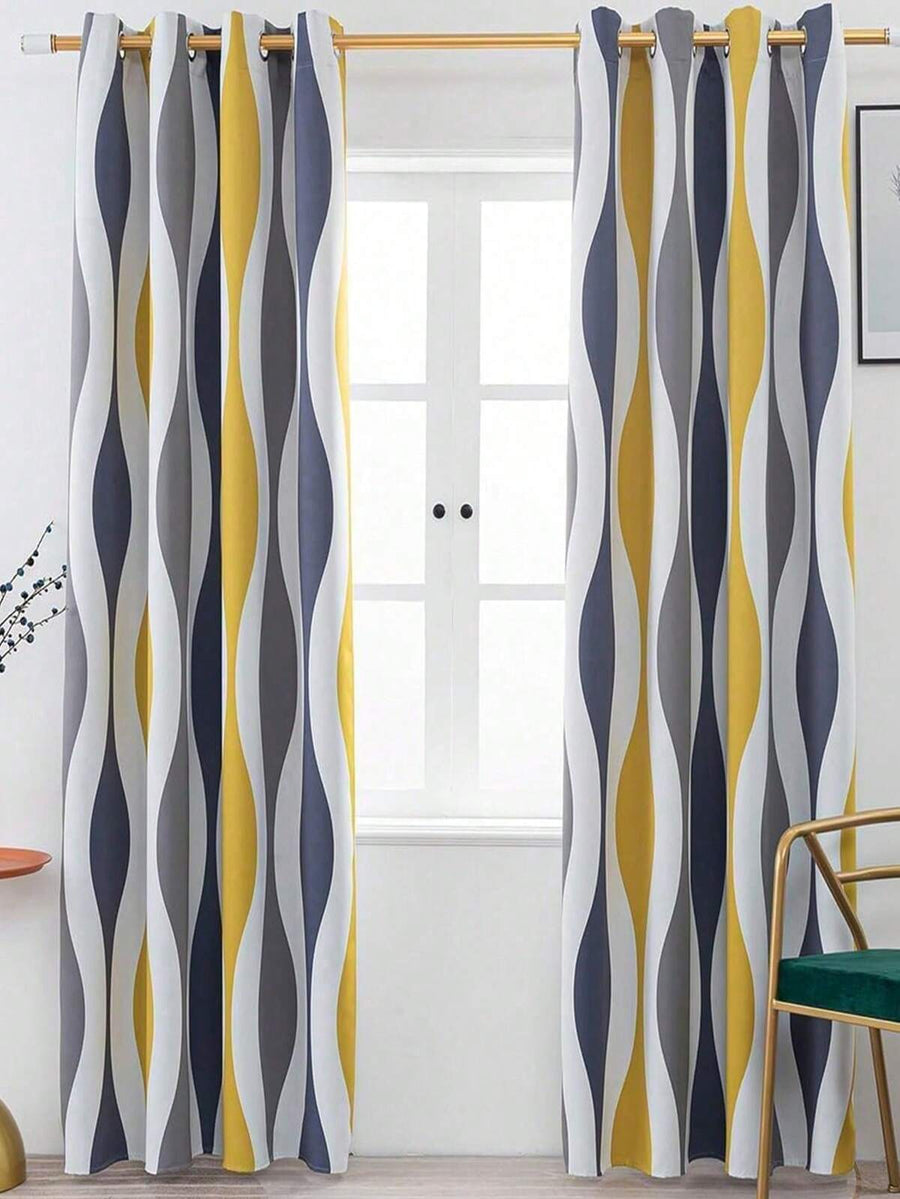 1pc Fashionable Minimalist Yellow-Gray Semi-Sheer Heat-Insulating Printed Curtain, Suitable For Holiday Parties, Living Room And Bedroom