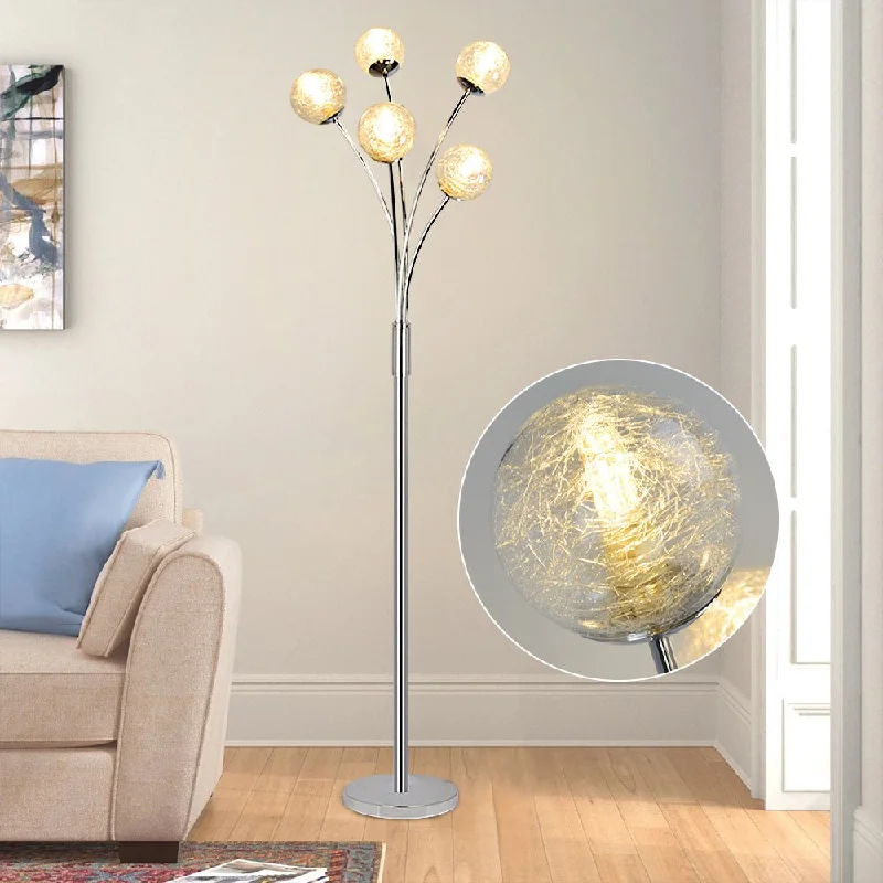 Depuley Modern Globe LED Floor Lamps for Living Room-DLLT Standing Lamps with 5 Lights for Bedroom, Tall Pole Tree Accent Lighting for Mid Century, Contemporary Home, Glass Shade Silver