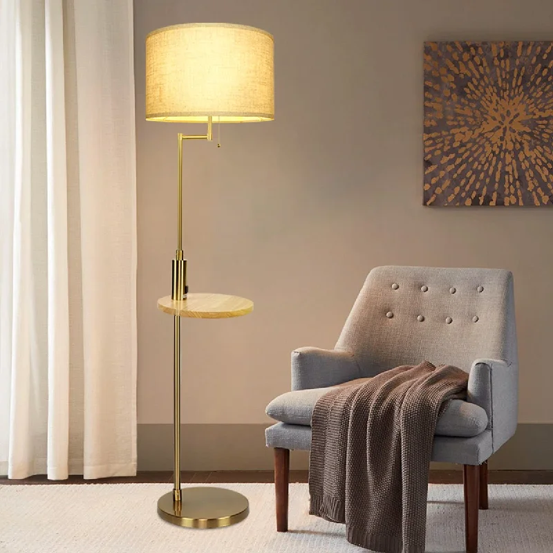 DLLT  Golden LED Floor Lamp Living Room with USB Connection and Toggle Switch, Modern Floor Lamp Gold with Wooden Storage Shelf, 720 lm, 9W Bulb, 3000K, Eye Care LED Floor Pole Lamp for Bedroom, Office, Studio