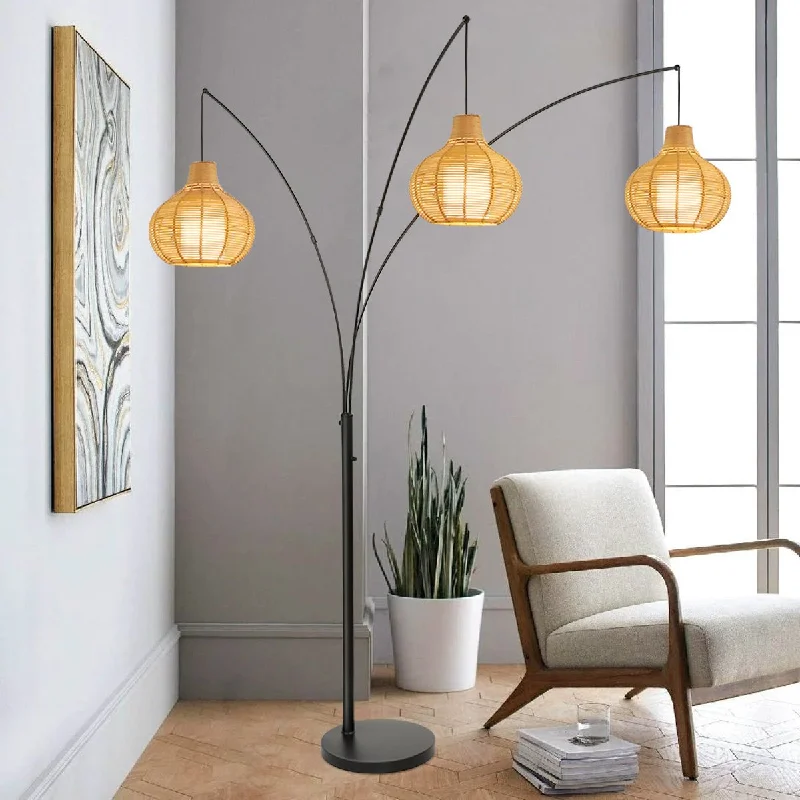 Depuley 3-Light LED Rattan Floor Lamp, Adjustable Modern Tall Standing Lamp, Farmhouse Arc Reading Floor Light with Bamboo Lampshades for Bedroom Living Room Office Study (Bulbs Included)