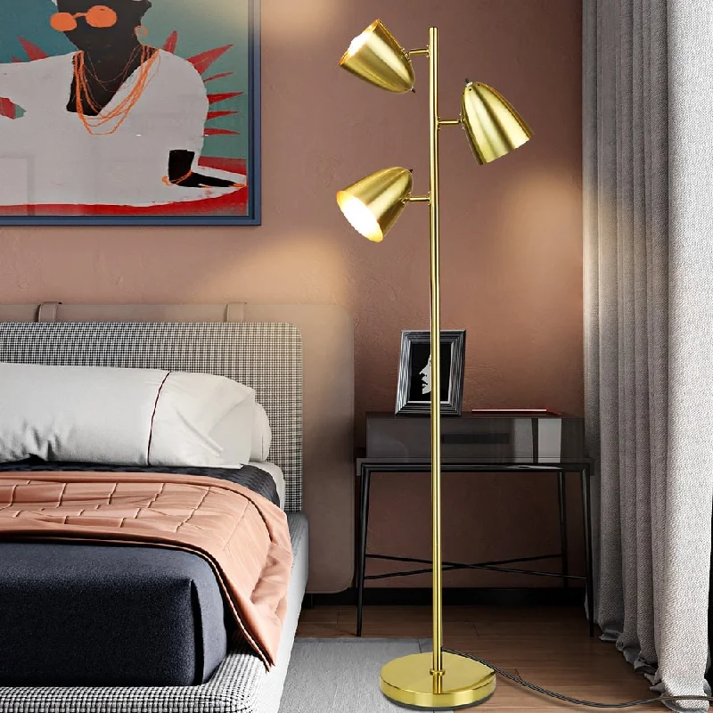 DLLT Modern Standing Lamp for Living Room, Bedroom, Bright Torchiere Metal 3-Light Tall Tree Floor Lamp, Adjustable LED Reading Floor Light, Pole Stand Light for Office,Study Room, Gold (3 x 9W LED Bulbs Included)