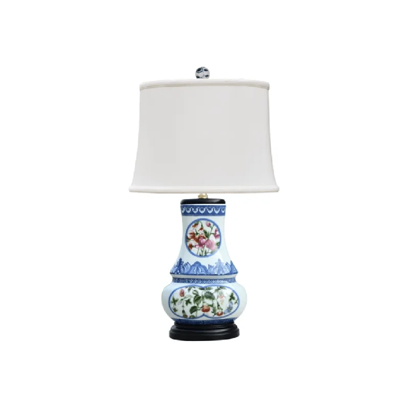 Blue & White Porcelain Floral Oval Jar Lamp