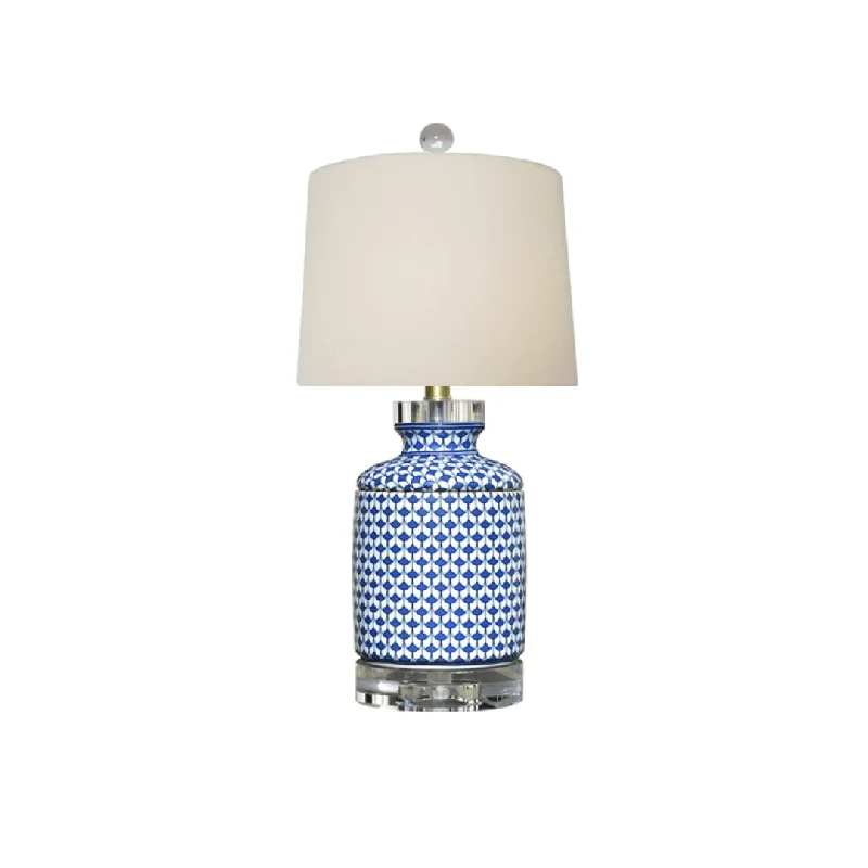 Blue & White Porcelain Fish Scale Table Lamp - Crystal Base & Cap