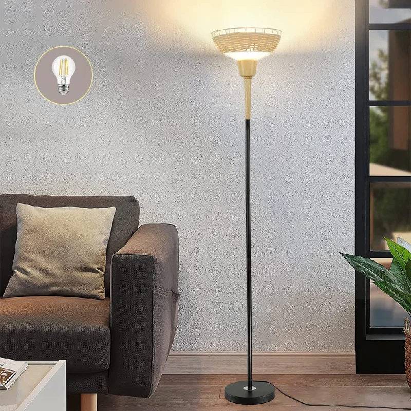 Depuley Sky LED Torchiere Standing Floor Lamp, Modern 69 inch Tall Pole Light with Rattan and Glass Shade, Uplight Lamps Lighting for Living Room Bedroom Office, 9W 3000K